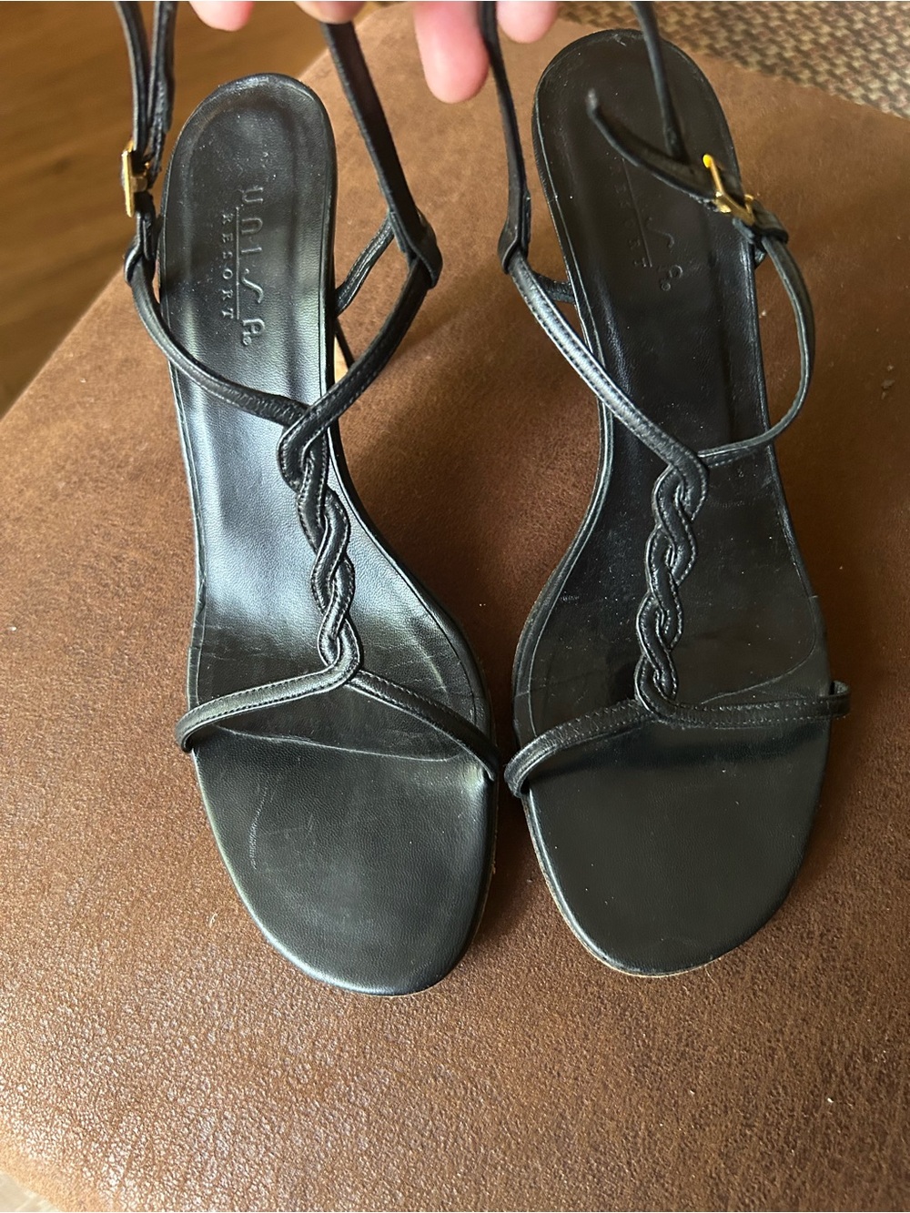 Unisa Resort Leather Black Strappy Braided Slingback Y2K Kitten Heels